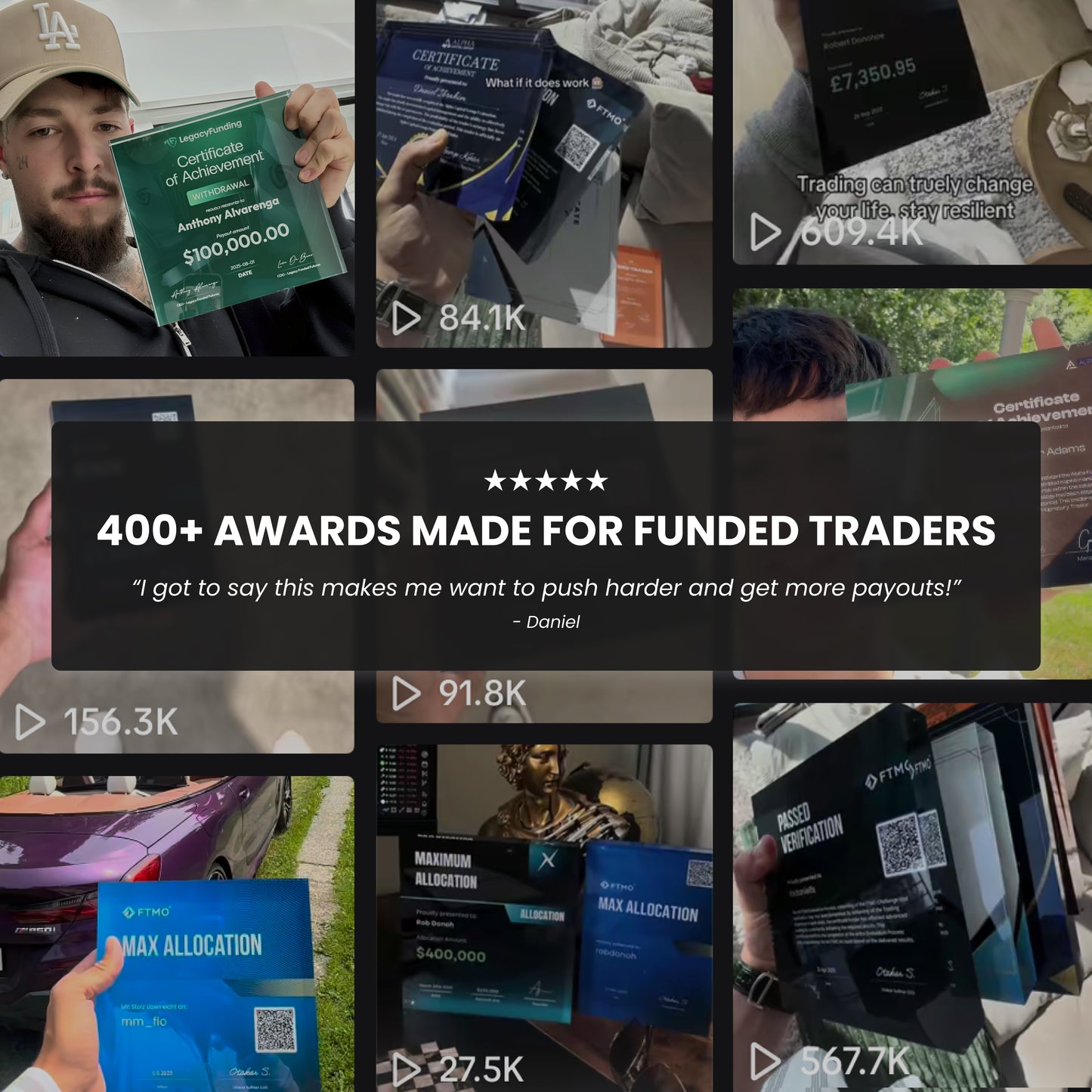 Collage of images showing funded awards and prop firm certificates with text about funded traders