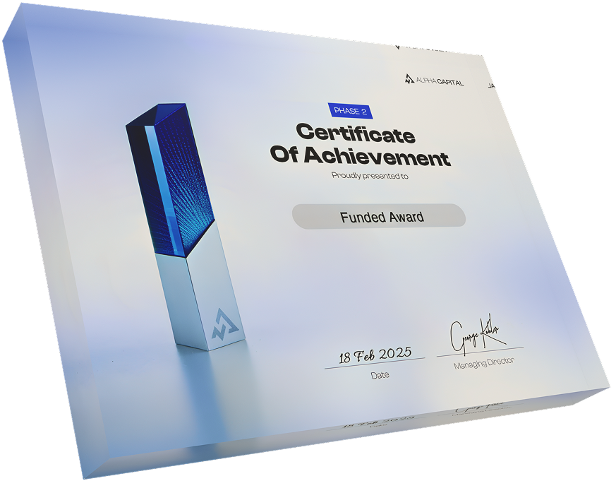 Alpha Capital funded Certificate with a funded award design on a white background