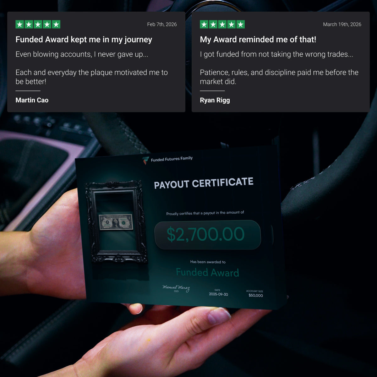 Customer review for Funded Award FFF prop firm certificate plaque, showing a funded trader testimonial for the certificate display