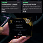 Customer review for Funded Award FFN prop firm certificate plaque, showing a funded trader testimonial for the certificate display