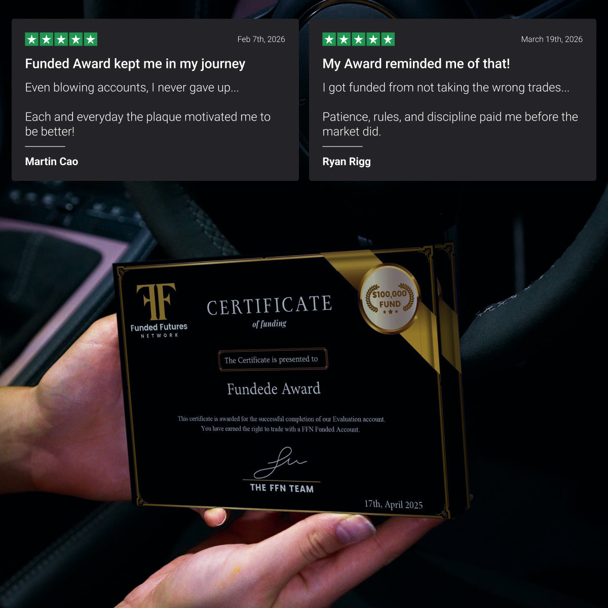 Customer review for Funded Award FFN prop firm certificate plaque, showing a funded trader testimonial for the certificate display