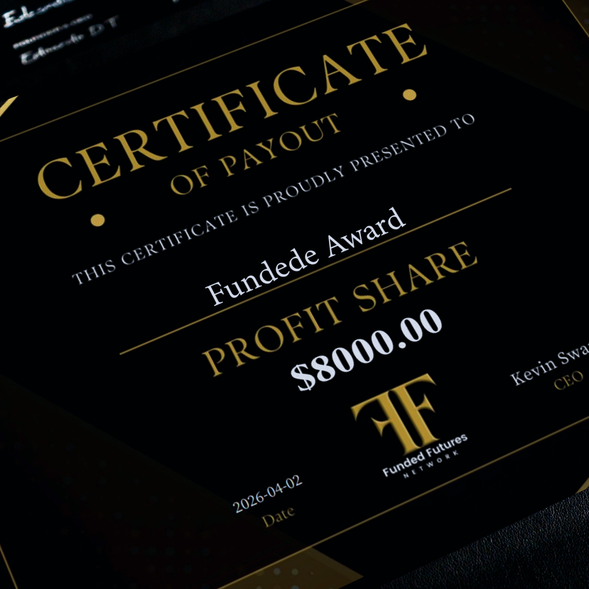 FFN certificate plaque size option three from Funded Award, frame dimensions for displaying a funded trader trading achievement