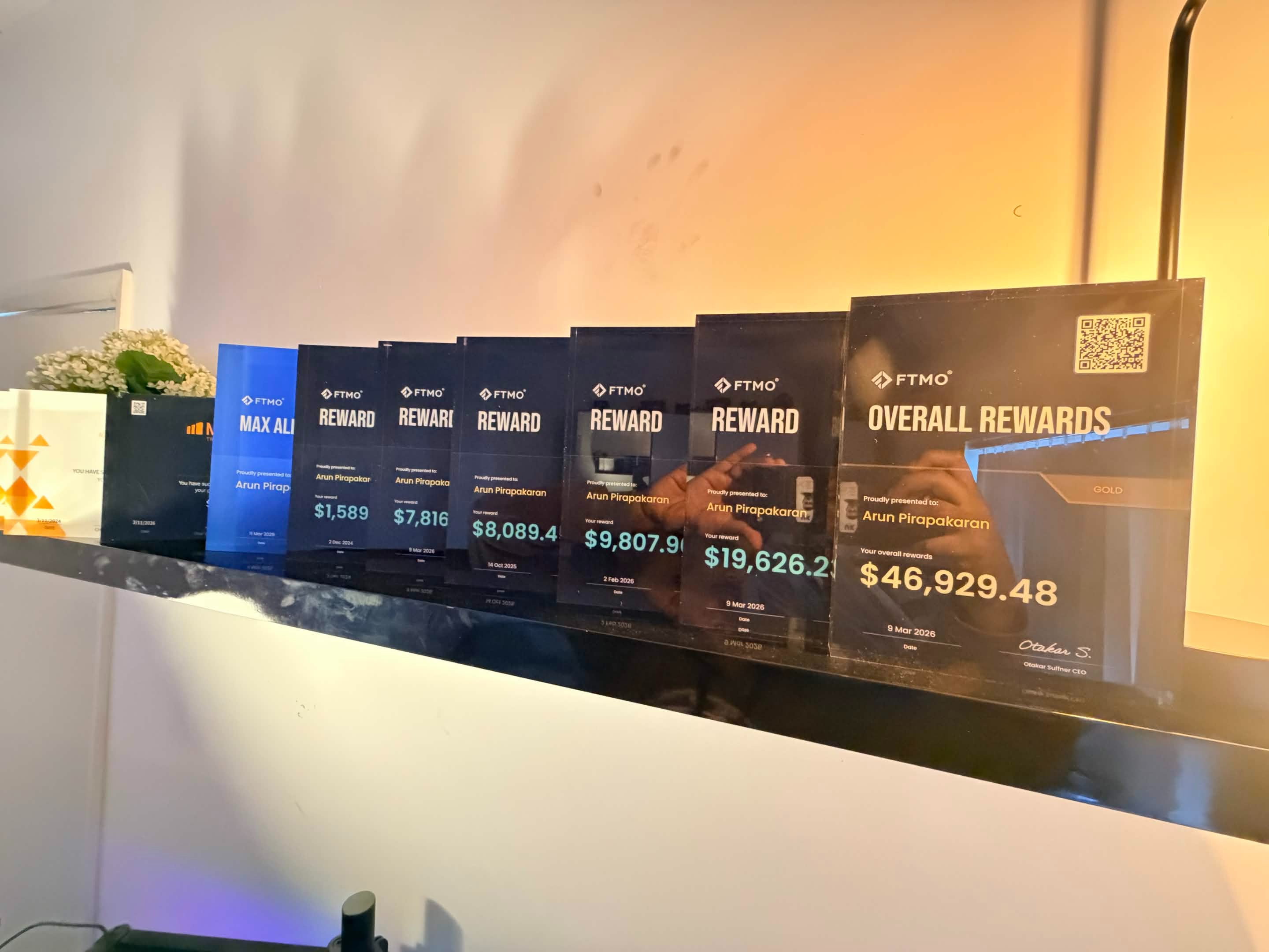 Funded Award plaques displaying FTMO payout milestone certificates, framed proof of funded trading income from challenge passes