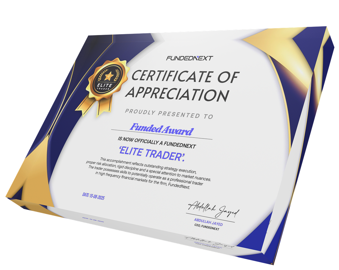 FundedNext Certificate of Appreciation for 'Elite Trader' with blue and gold design