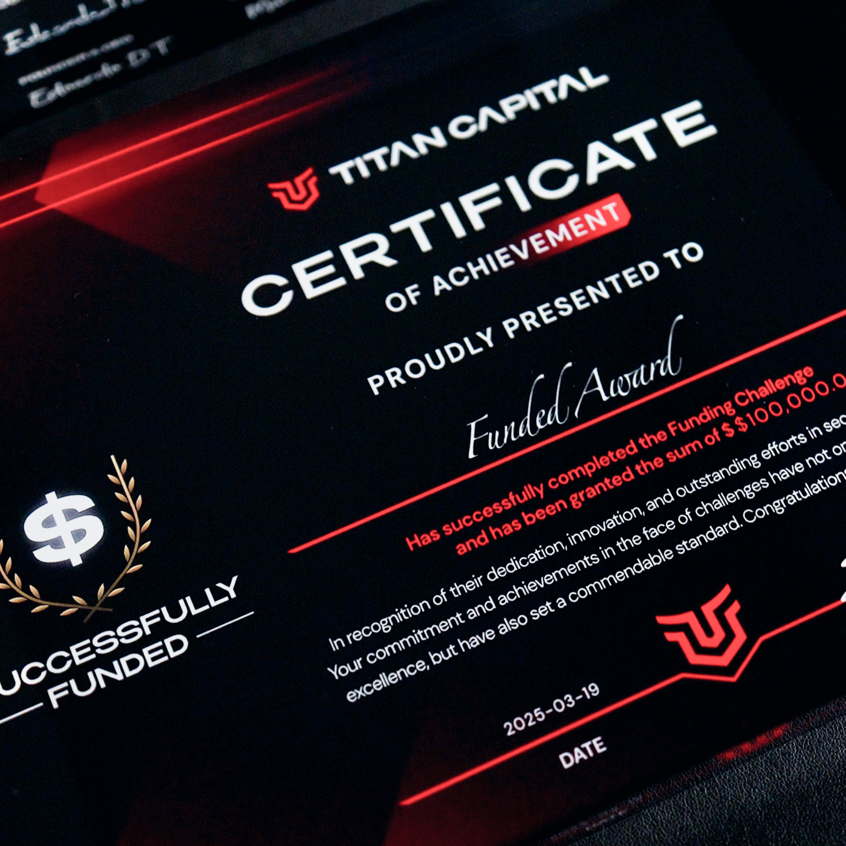Titan Capital Prop Firm Certificate of Achievement on a dark background