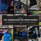 Collage of images showing traders holding funded plaque certificates with text about awards for funded prop firm traders