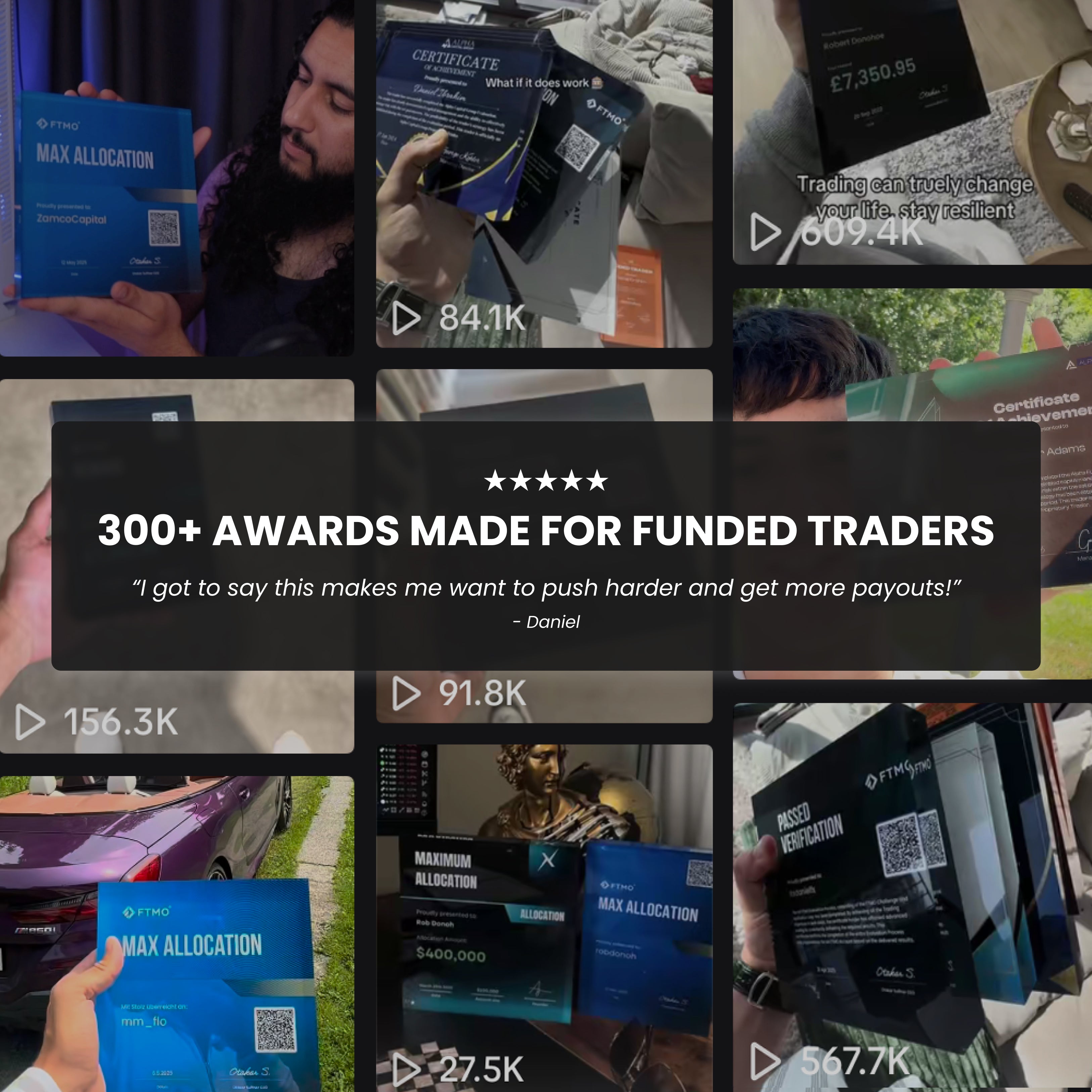 Collage of images showing traders holding funded plaque certificates with text about awards for funded prop firm traders