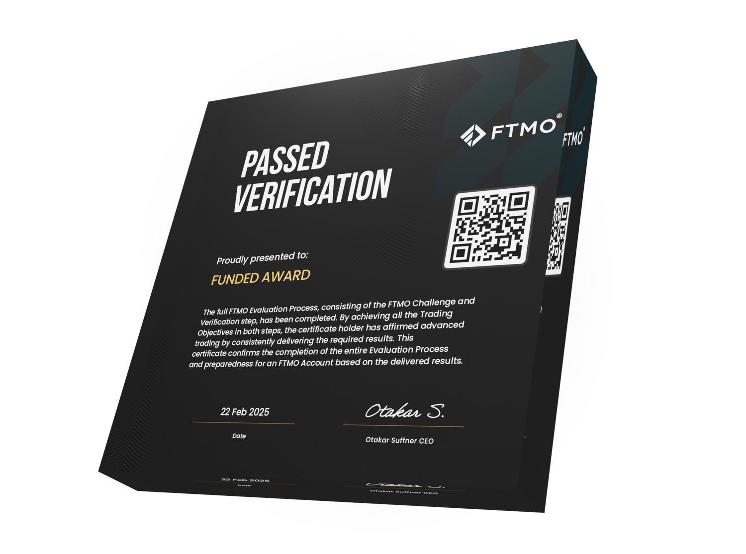 FTMO verification certificate with QR code on a white background made with Funded Award