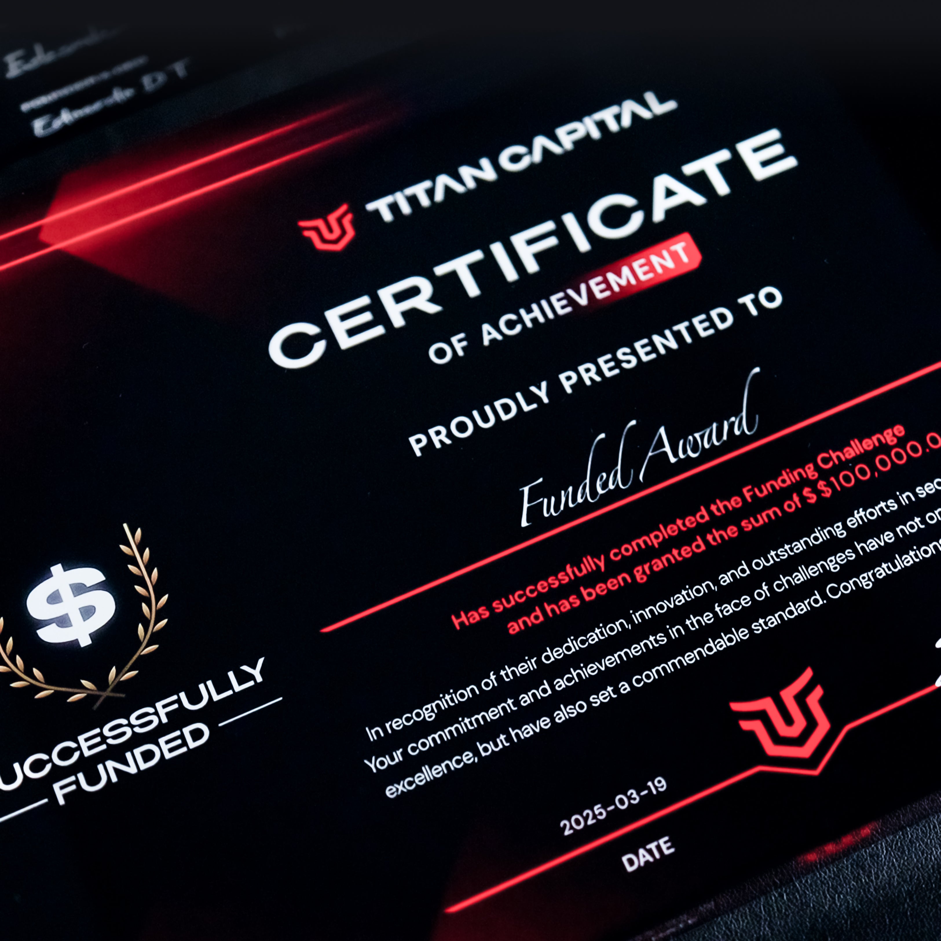 Titan Capital Prop Firm Certificate of Achievement on a dark background