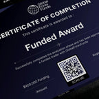 GFF funded trader certificate plaque size breakdown from Funded Award, showing frame dimensions for displaying a trading certificate