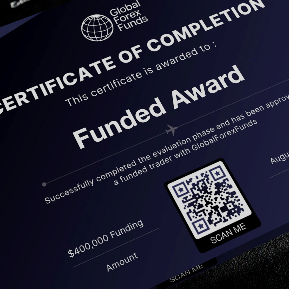 GFF funded trader certificate plaque size breakdown from Funded Award, showing frame dimensions for displaying a trading certificate