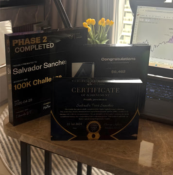 Few Funded Certificates of passing challanges and payouts on a desk with a laptop in the background
