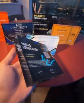 A man holding a many 'passed funded certificates'  on a blurred background of a city 