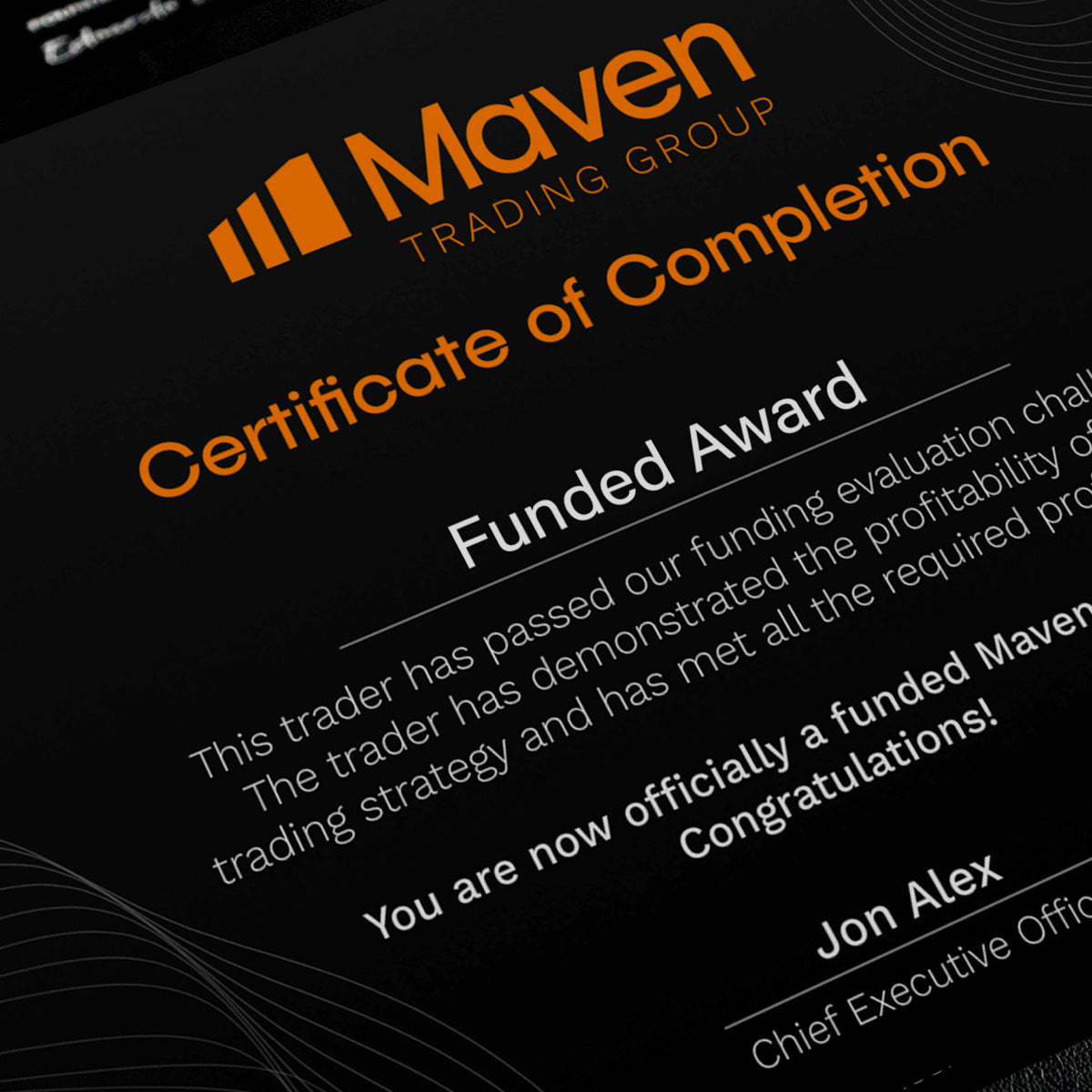 Maven funded trader certificate frame size comparison from Funded Award, showing dimensions for the certificate plaque display