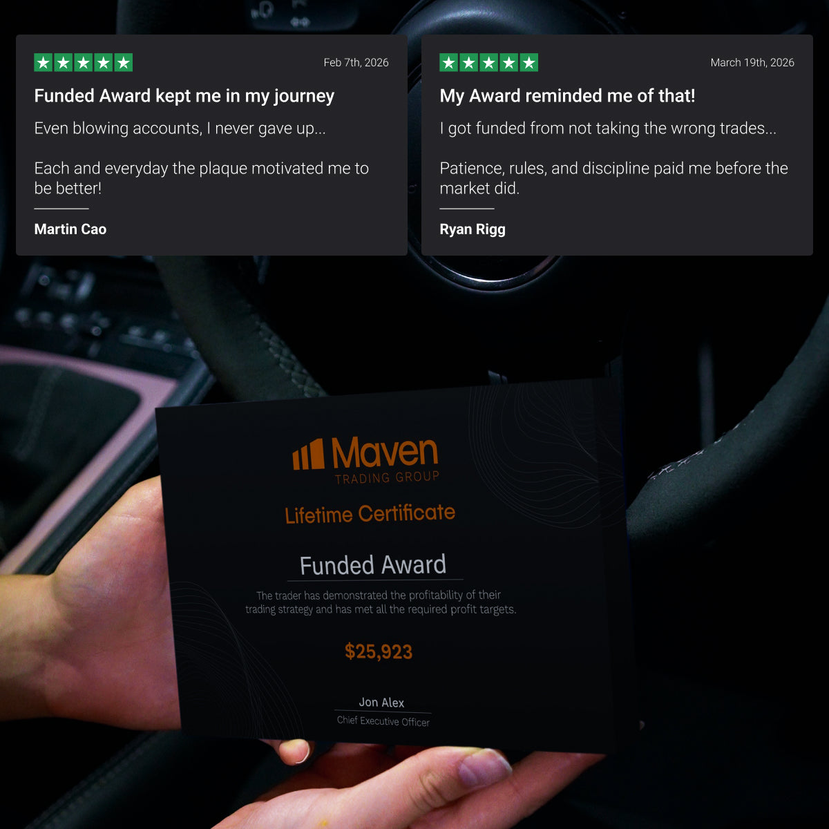 Funded Award acrylic plaque sizing options for Maven funded traders, frame dimensions shown for the certificate display