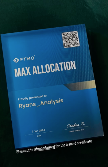 Blue box with 'FTMO Max Allocation' branding and a QR code from Funded Award on a dark background
