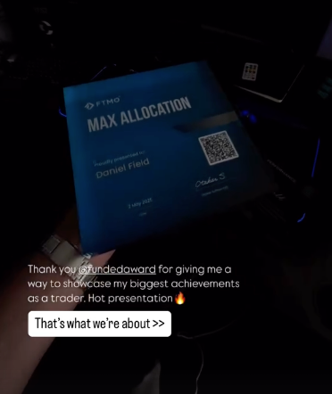 FTMO 'Max Allocation' certificate from Funded Award and QR code on a dark background