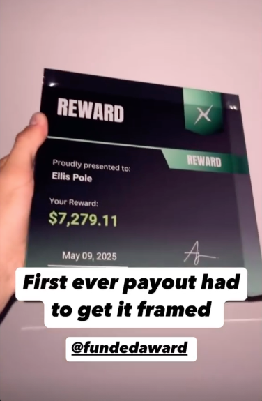 A finded Plaque with 'REWARD' text and a monetary amount of payout from Funded Award, held by a hand.