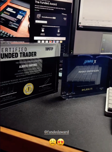 Two Funded Certificates of a Funded Trader, Lambo X payout certificate, and computer screens displaying the Funded Award website.