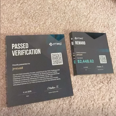 Two FTMO certificates as an Award, one is a payout, and the other is a pass challenge with text and QR codes on a beige carpet background