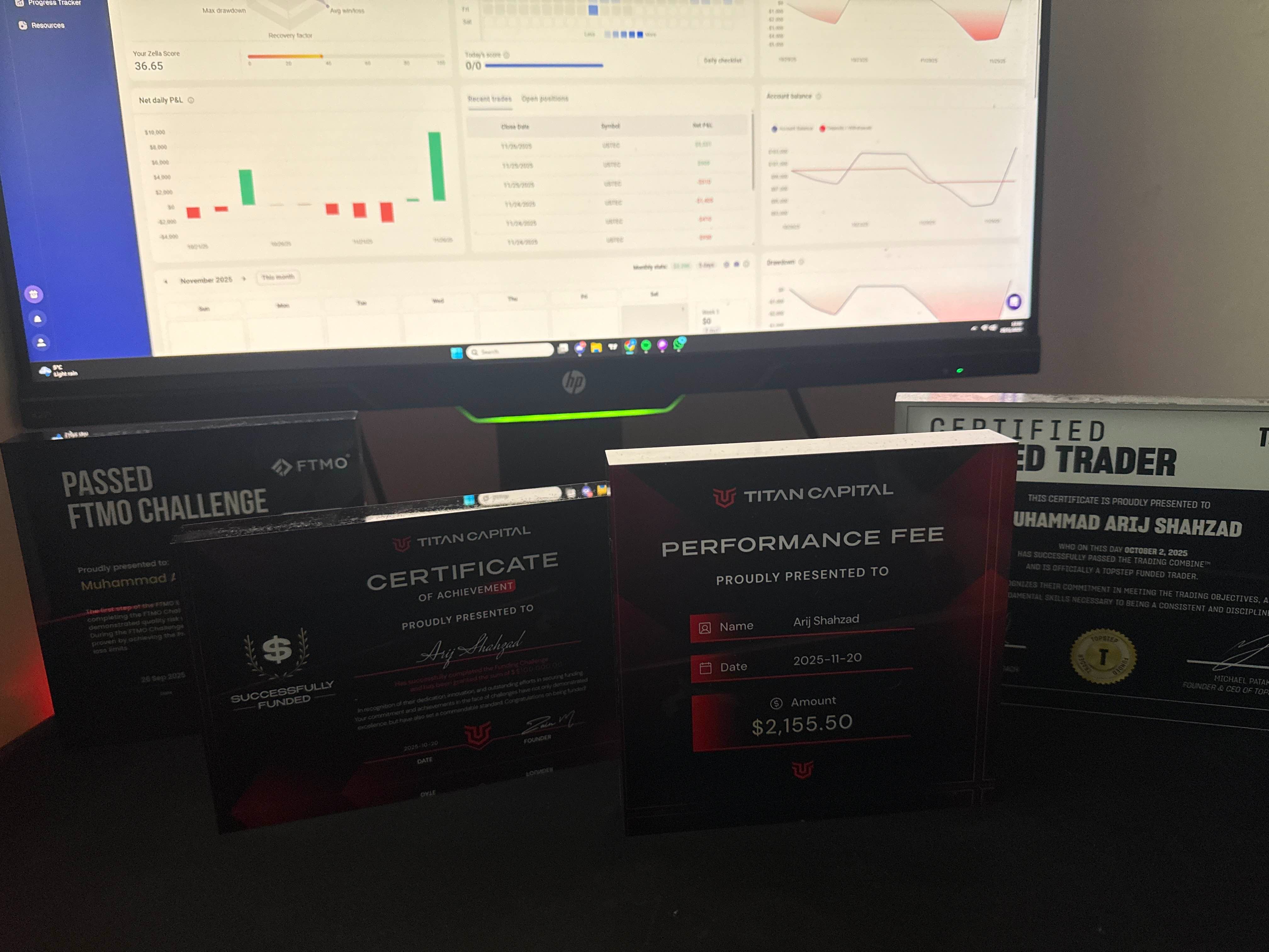 Collection of Funded Award acrylic plaques displaying Titan funded trader certificates together in a collection shot