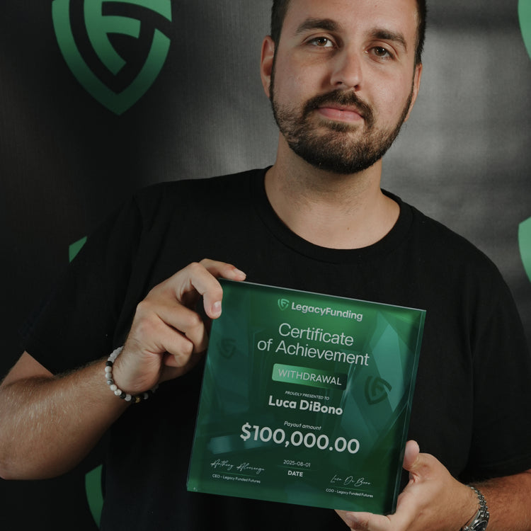 Man holding a green 'LegacyFunding' payout certificate with a $100,000 amount made by Funded Award.